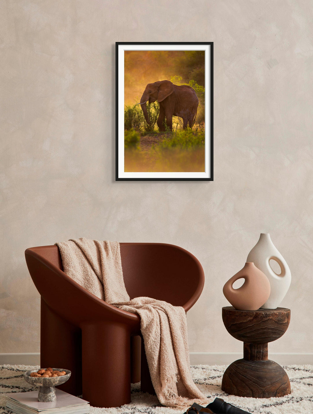 Fine art framed photograph: In Laikipia County, Kenya, the last light bathes a lone elephant in golden warmth. Amidst drought, nature's resilience and the elephant's majesty endure. By Thomas Nicholson